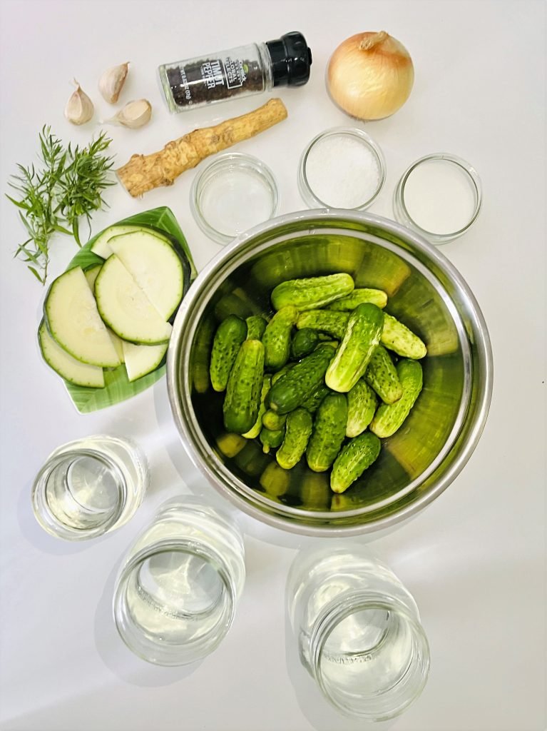 ingredients for tarragon pickles and mixed vegetables