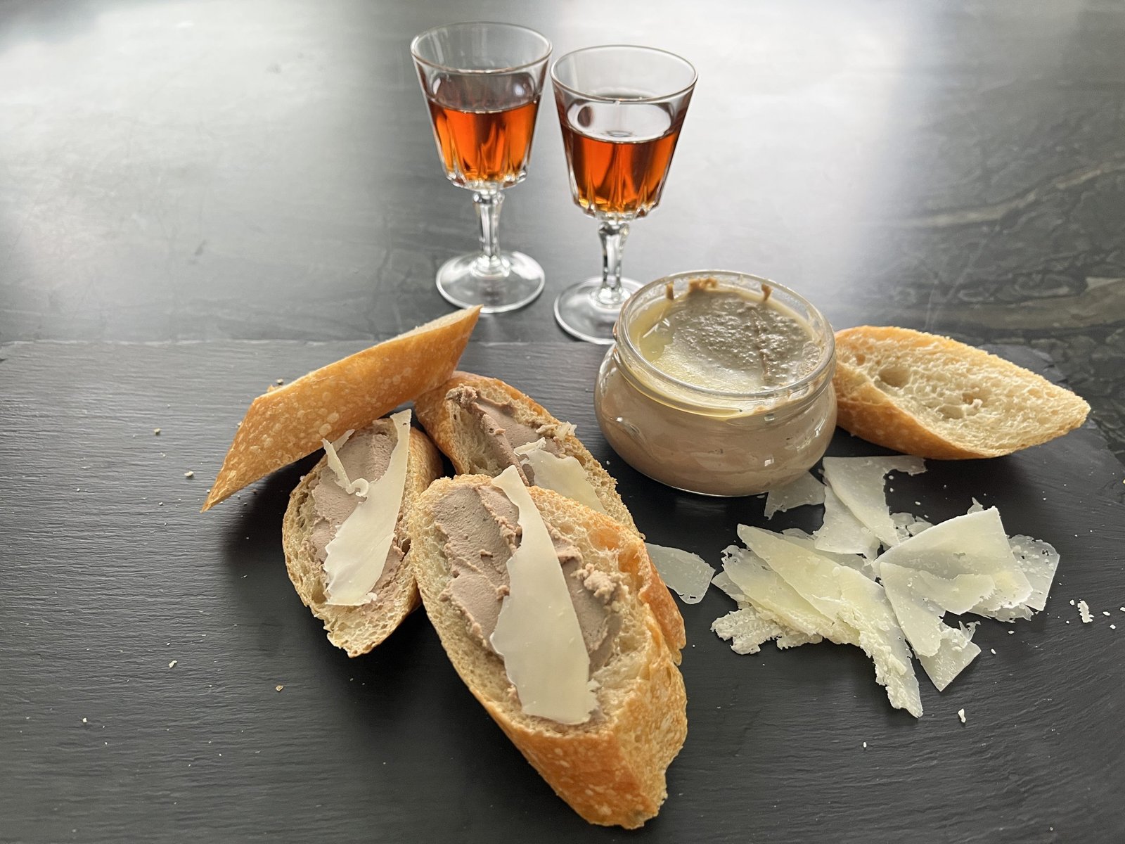 chicken liver pate on a crusty baguette, cheese and madeira wine