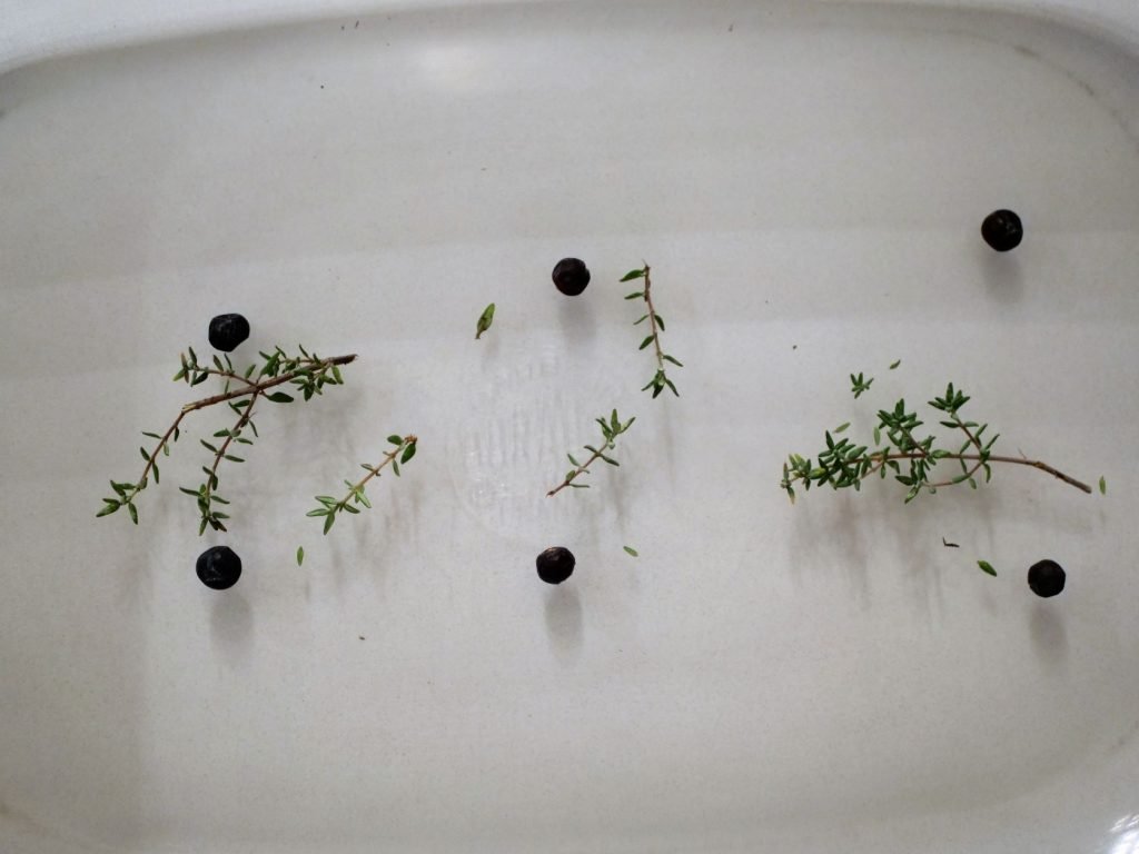 scatter juniper berries and thyme at the bottom of the dish