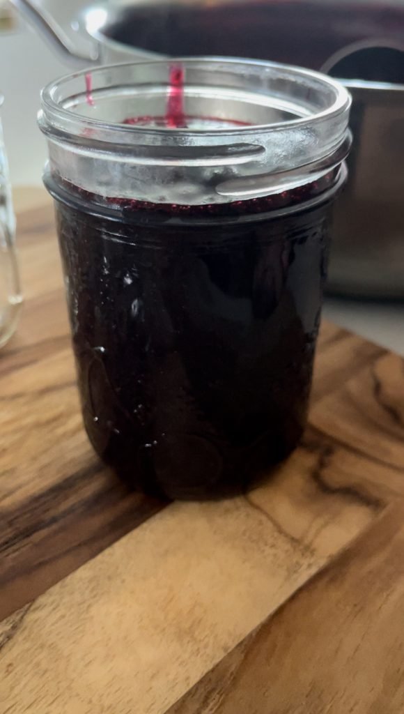 low-sugar blackcurrant jam before we process it in a steam canner 